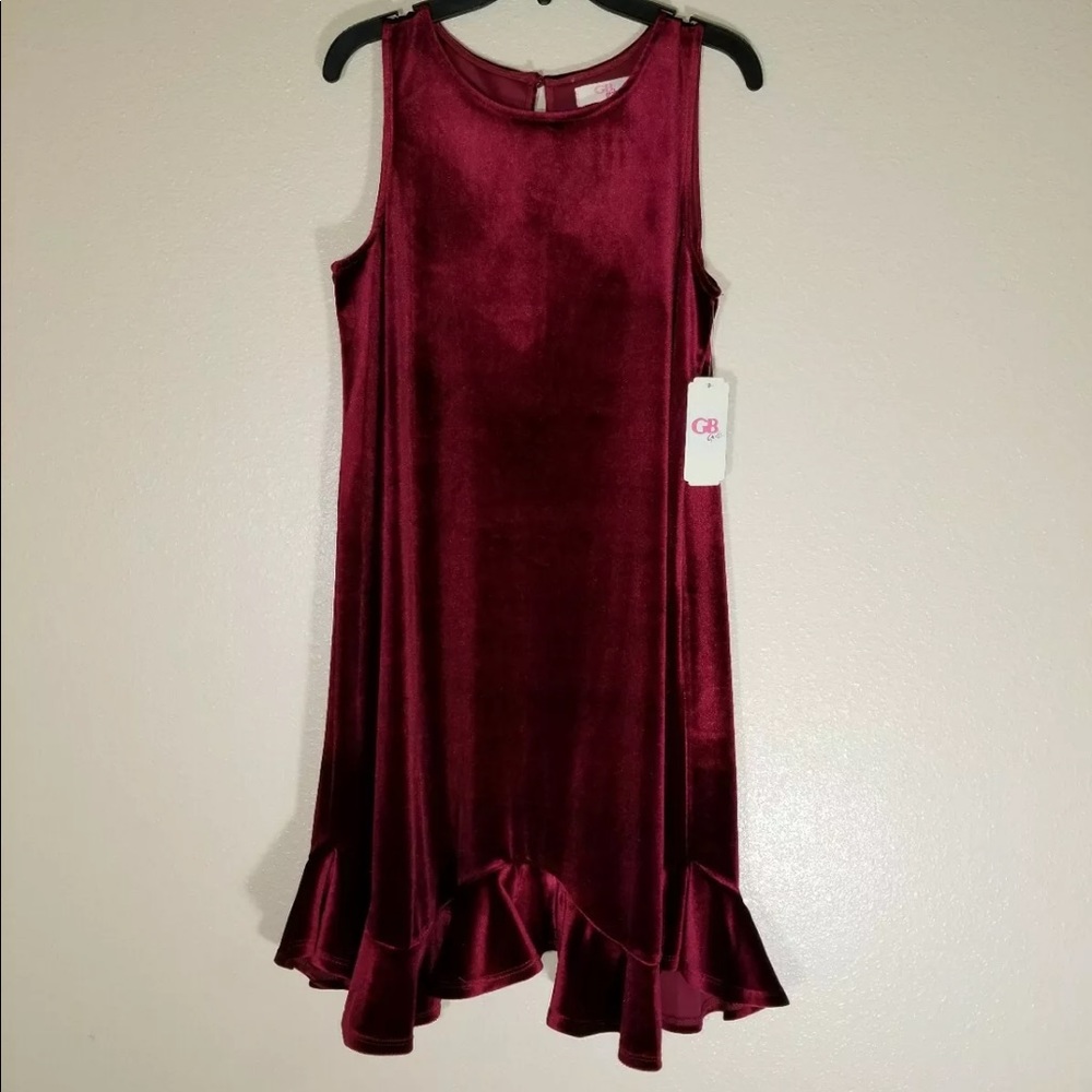 NWT GB Girls Velvet Red Sleeveless Ruffle Dress
